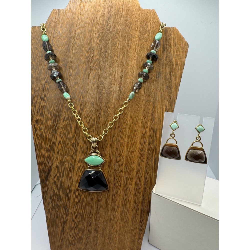 Barse Thailand Gold Tone Turquoise Smokey Quartz Geometric Necklace Earrings Set